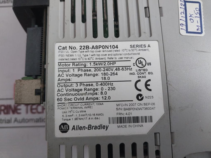 Allen-bradley 22B-a8P0N104 Powerflex 40 Drive 1.5Kw 2Hp Ip20/Ip30 240V 18A