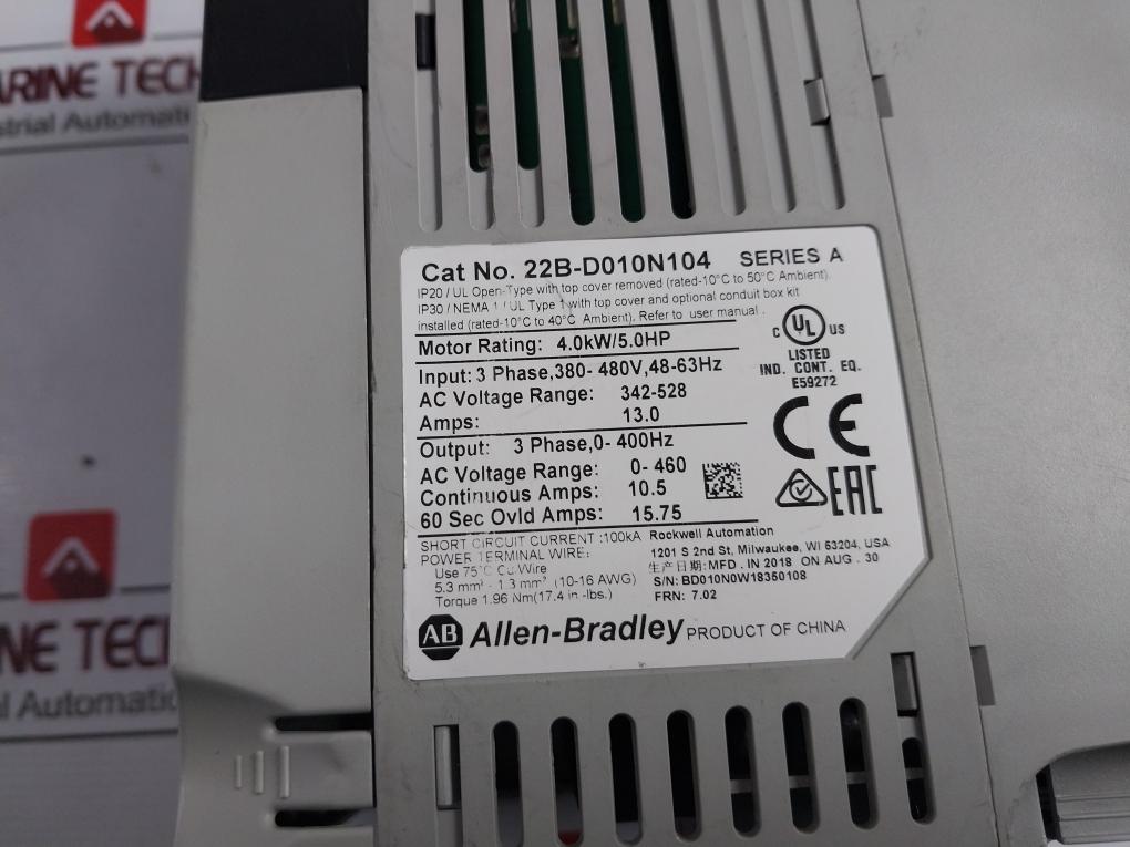 Allen-bradley 22B-d010N104 Powerflex 40 Ac Drive Ip20 48-63 Hz 380-480V Series A