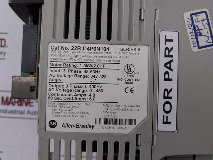 Allen-bradley 22B-d4P0N104 Powerflex Adjustable Frequency Ac Drive