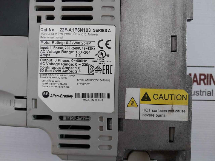 Allen-bradley 22F-a1P6N103 Powerflex 4M Ac Drive 0.2Kw/0.25Hp 200-240V 48-63 Hz