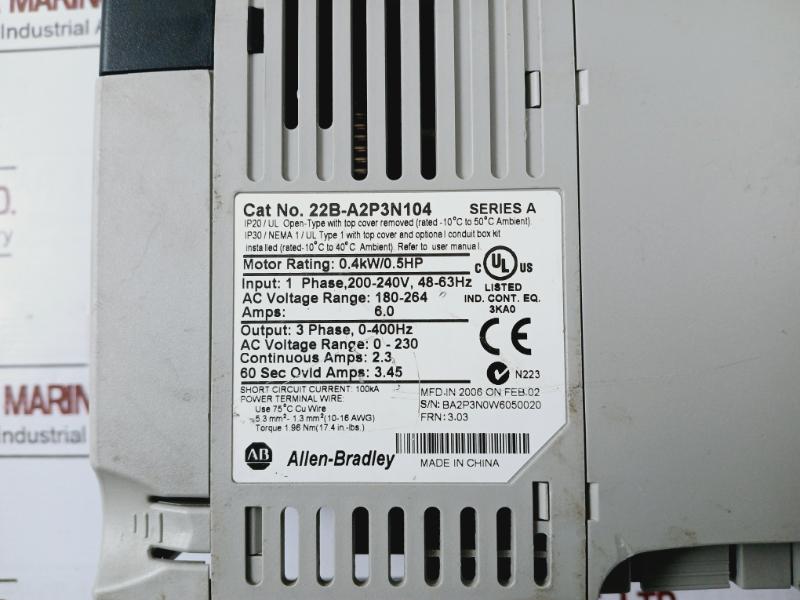 Allen-bradley 22B-a2P3N104 Power Flex Ac Drive 40 0.4Kw/0.5Hp Ser A 180-264V
