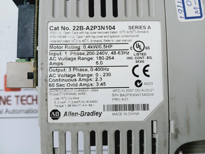 Allen-bradley 22B-a2P3N104 Series A Powerflex 40 Ac Drive 0.4Kw/0.5Hp 240V