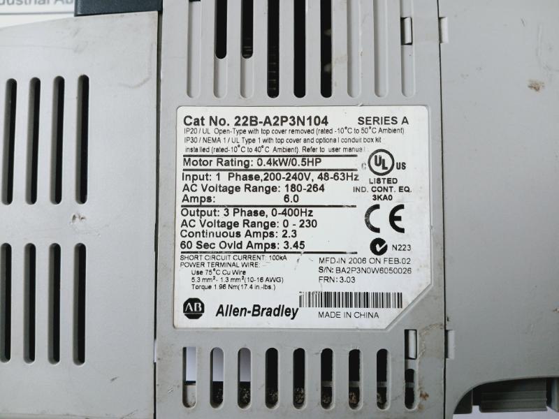 Allen-bradley 22B-a2P3N104 Series A Powerflex 40 Ac Drive, 200-240V Ac