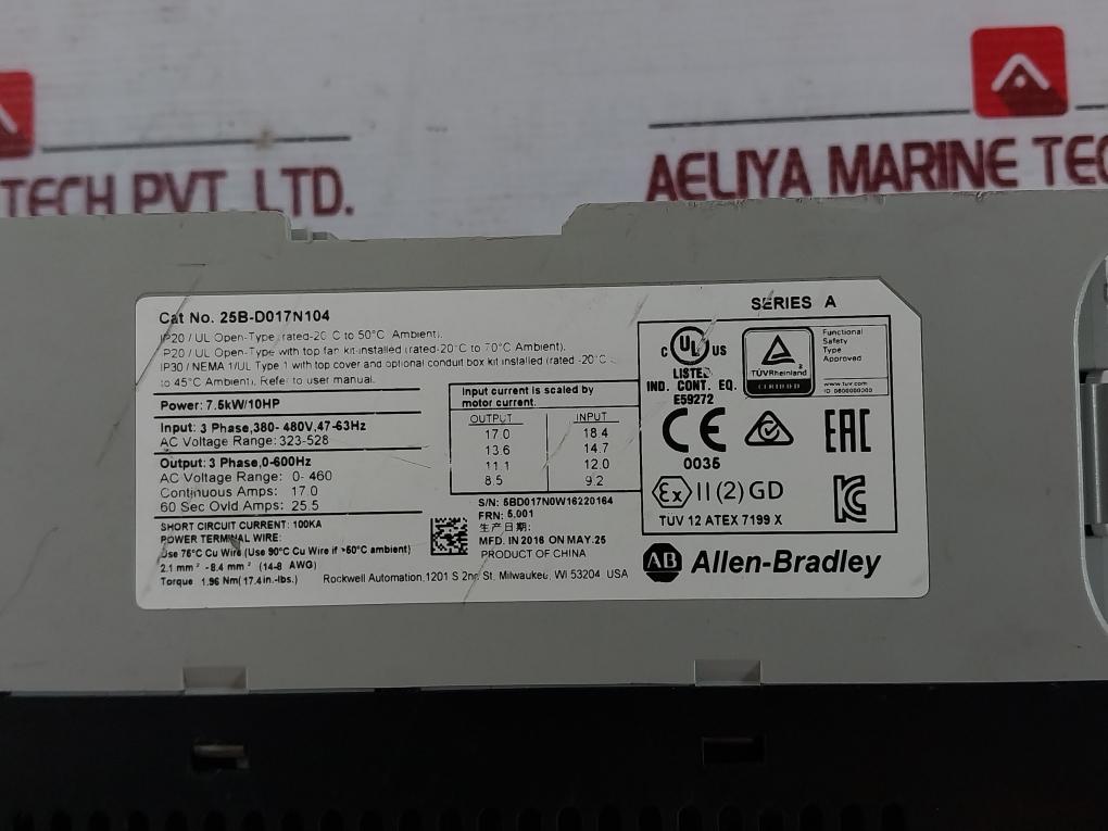 Allen-bradley 25B-d017N104 Powerflex 525 Ac Drive 10Hp 7.5Kw