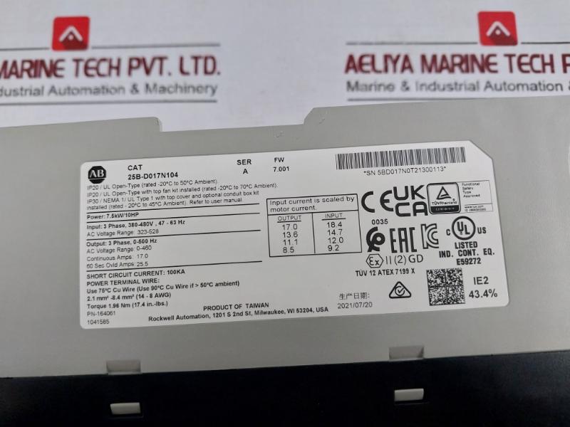 Allen-bradley 25B-d017N104 Ser A Powerflex 525 Ac Drive 323-528V 0-500Hz 100Ka