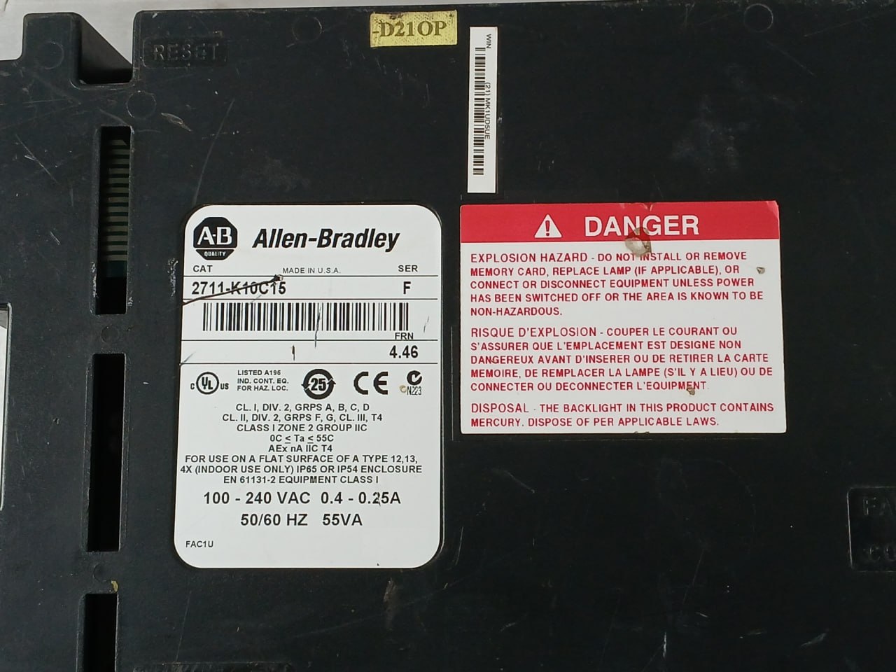 Allen-bradley 2711-k10C15 Operator Interface Panel 50/60 Hz 55Va (Not Working)