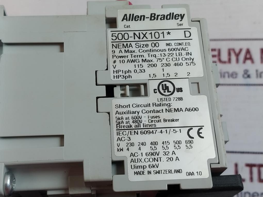 Allen-bradley 500-nx101* Overload Relay With Auxiliary Contactor Ser:D