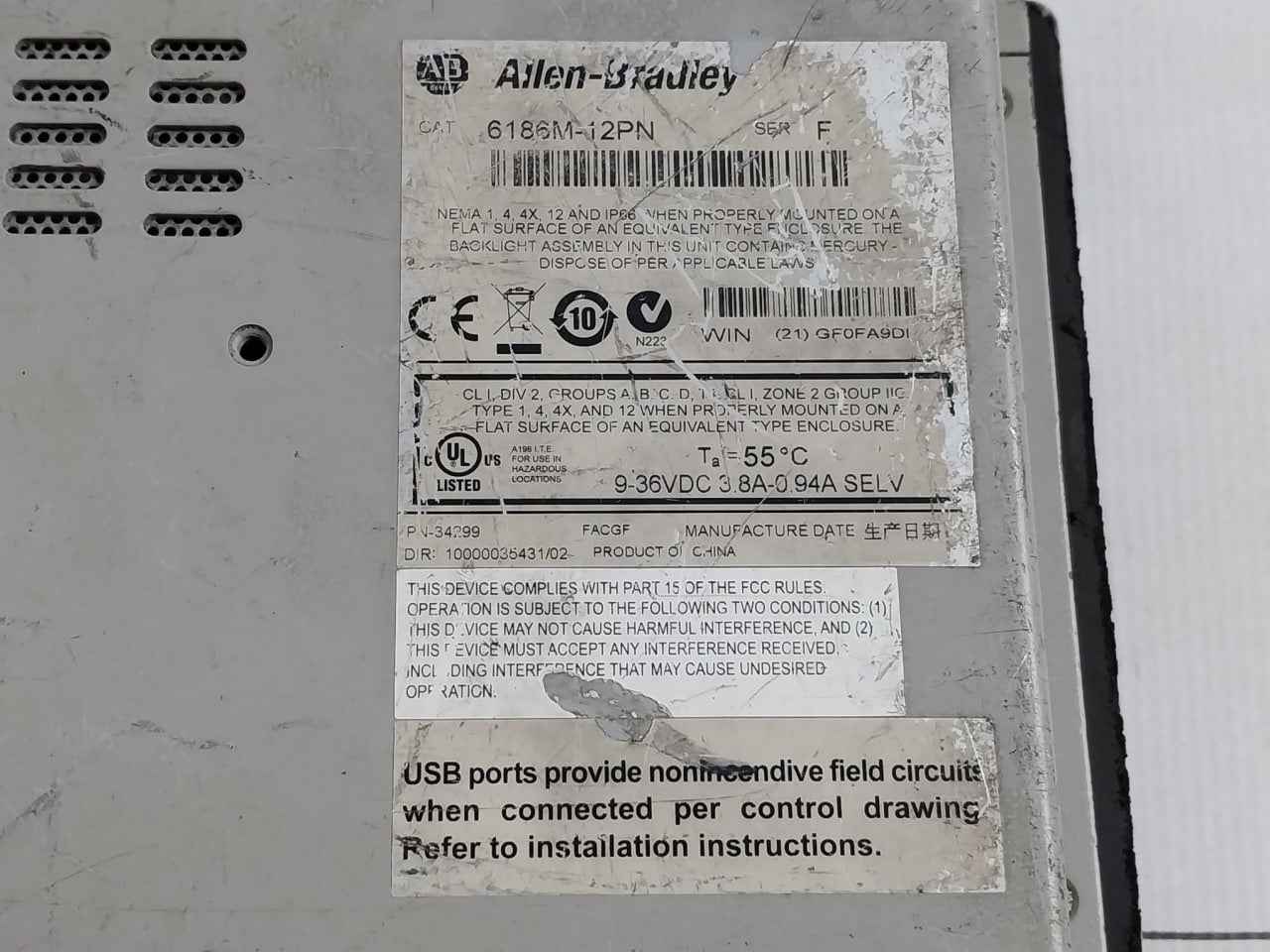 Allen-bradley 6186M-12Pn Operator Interface Panel 10000035431/02 (Not Working)
