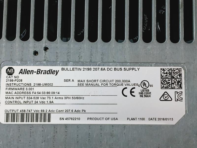 Allen-bradley Kinetix 5700 2198-p208 Dc Bus Supply 324-528vac 73.1aarms 3ph