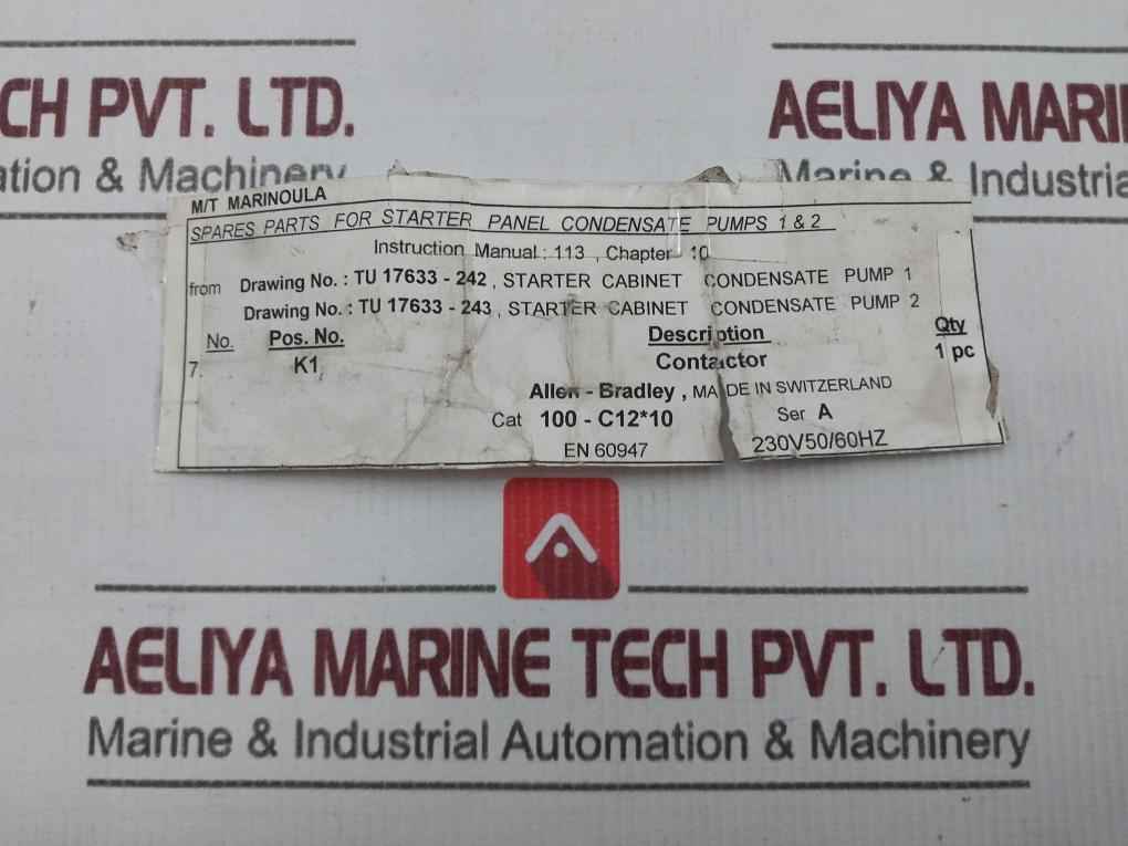 Allen-bradley 100-c12*10 Power Contactor 230V 50/60Hz 25A 8Kv Used