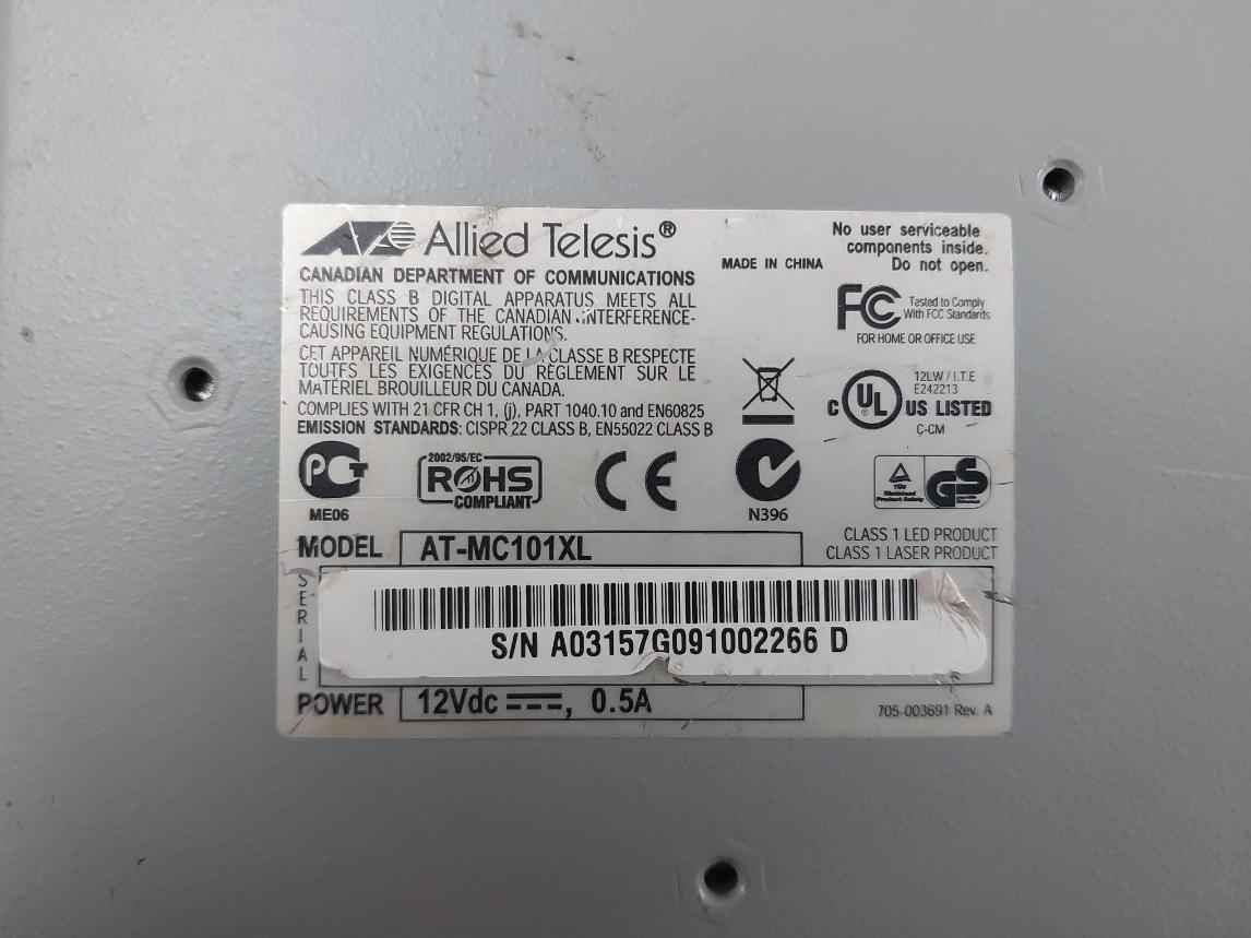 Allied Telesis 12Vdc Fast Ethernet Media Converter 0.5A At-mc101Xl