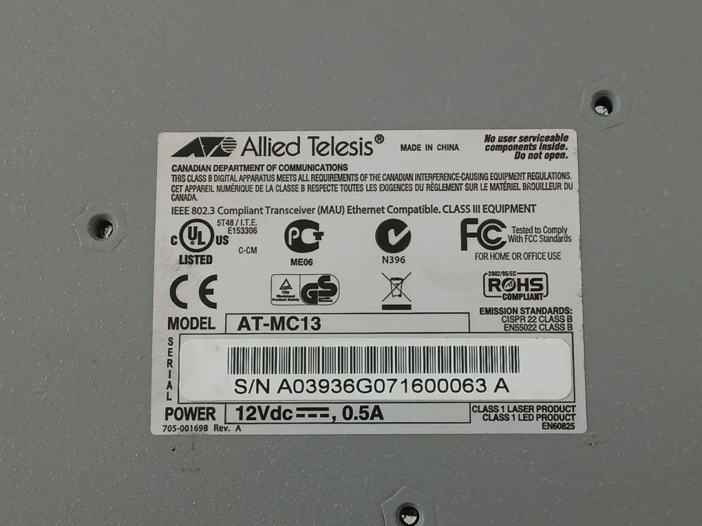 Allied Telesis Ethernet Media Converter At-mc13 12Vdc-0.5A