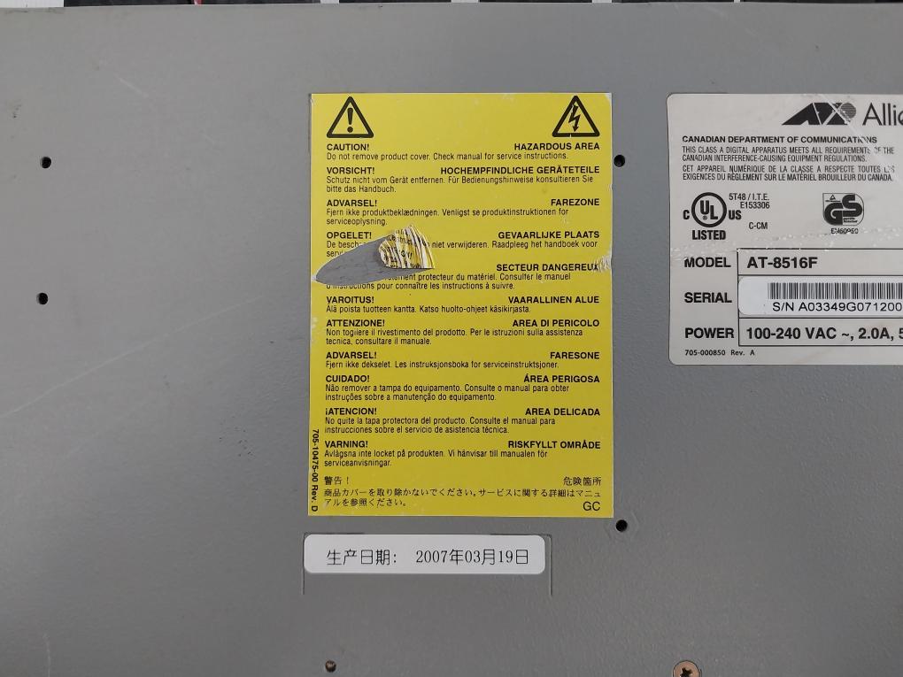 Allied Telesyn AT-8516F/SC 100base-fx Fast Ethernet Switch 100-240Vac~ 2.0A