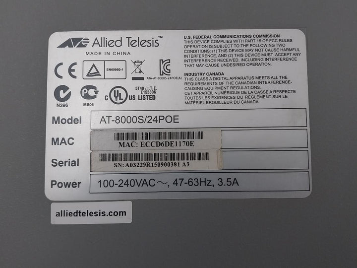Allied Telesis At-8000S/24Poe Fast Ethernet Switch 100-240Vac~ 47-63Hz 3.5A