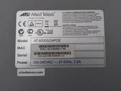 Allied Telesis At-8000S/24Poe Fast Ethernet Switch 100-240Vac~ 47-63Hz 3.5A