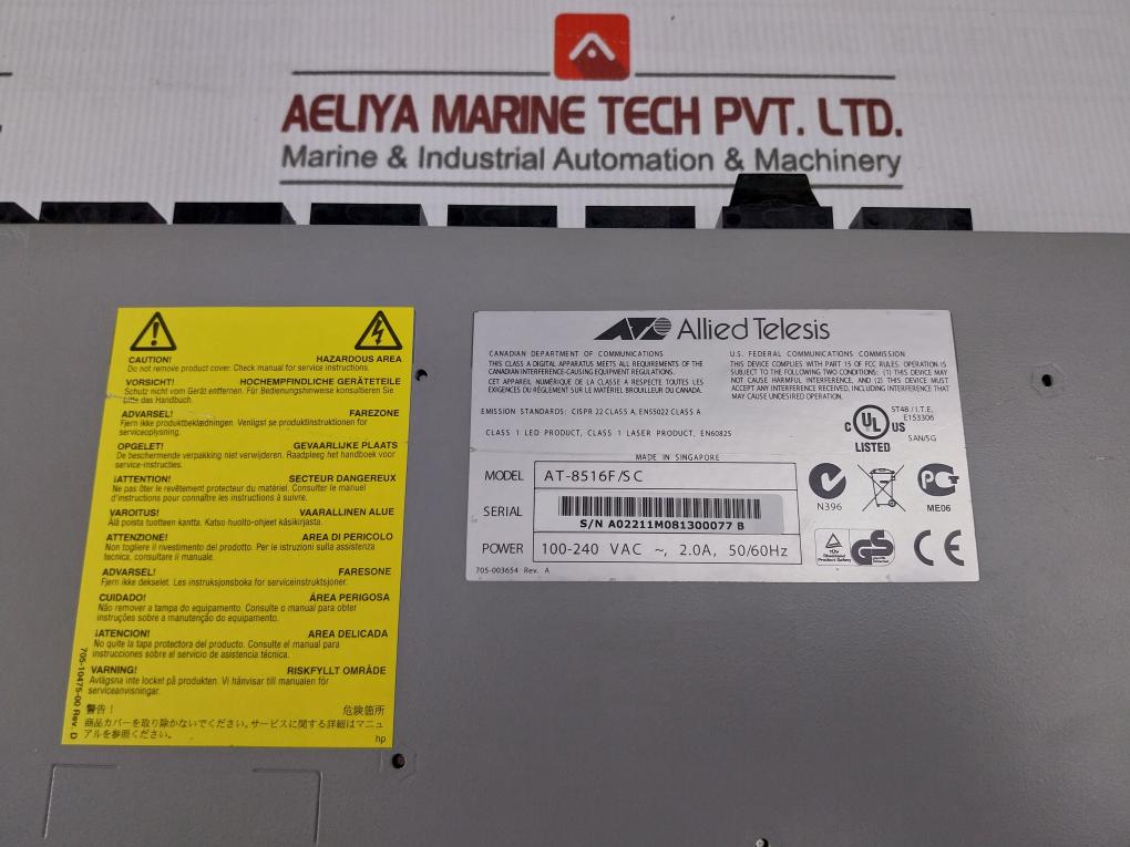 Allied Telesis At-8516F/Sc Ethernet Switch 100-240Vac 2.0A 50/60Hz.