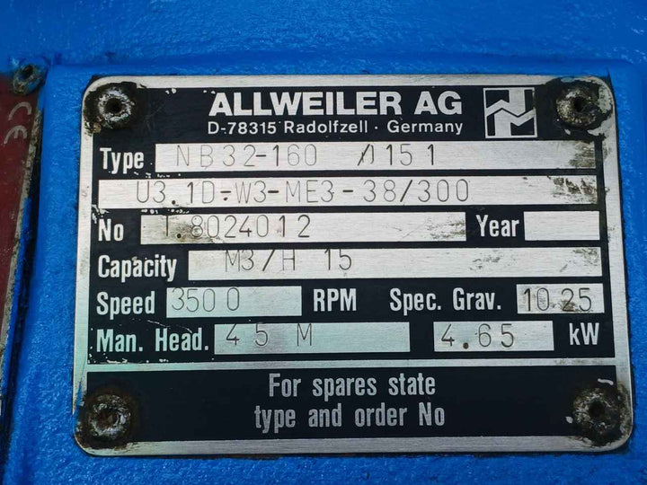 Allweiler Nb32-160 /0151 U3.1D-w3-me3-38/300 Centrifugal Process Pump 45M