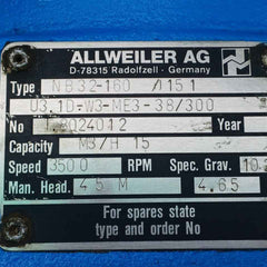 Allweiler Nb32-160 /0151 U3.1D-w3-me3-38/300 Centrifugal Process Pump 45M