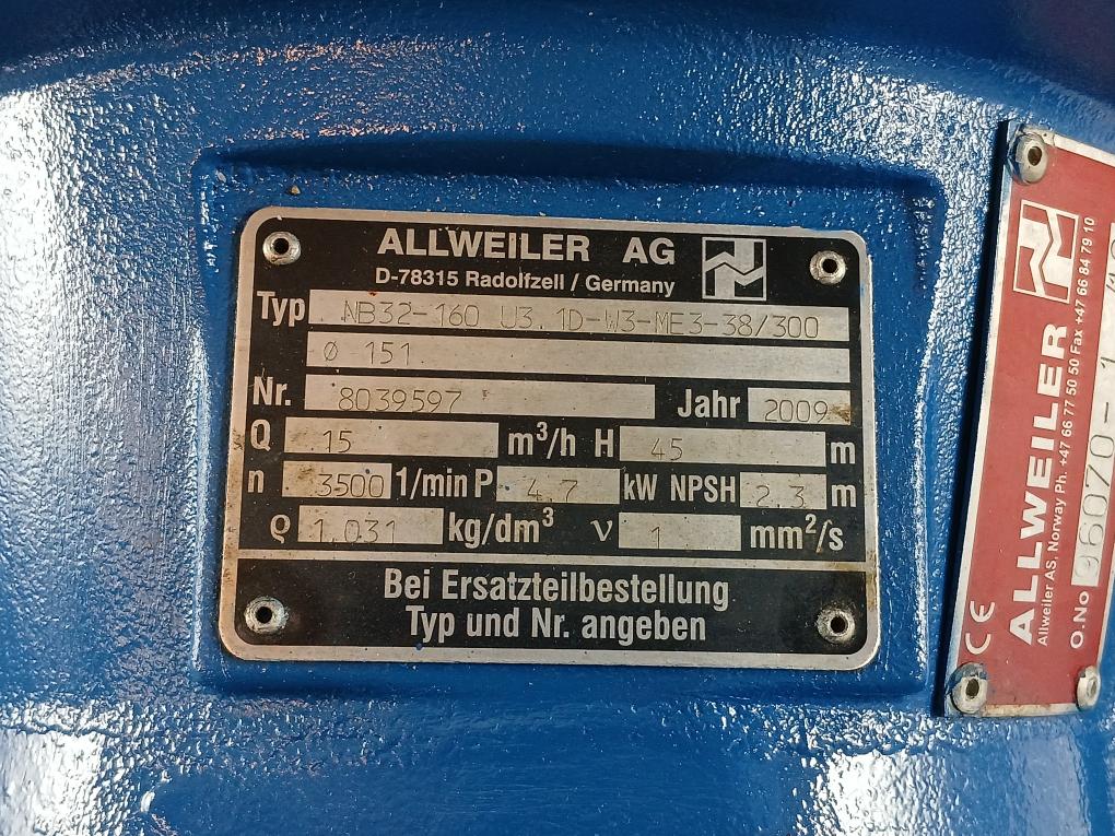 Allweiler Nb32-160 U3.1D-w3-me3-38/300 Ã˜ 151 Centrifugal Monoblock Pump 3500 Rpm