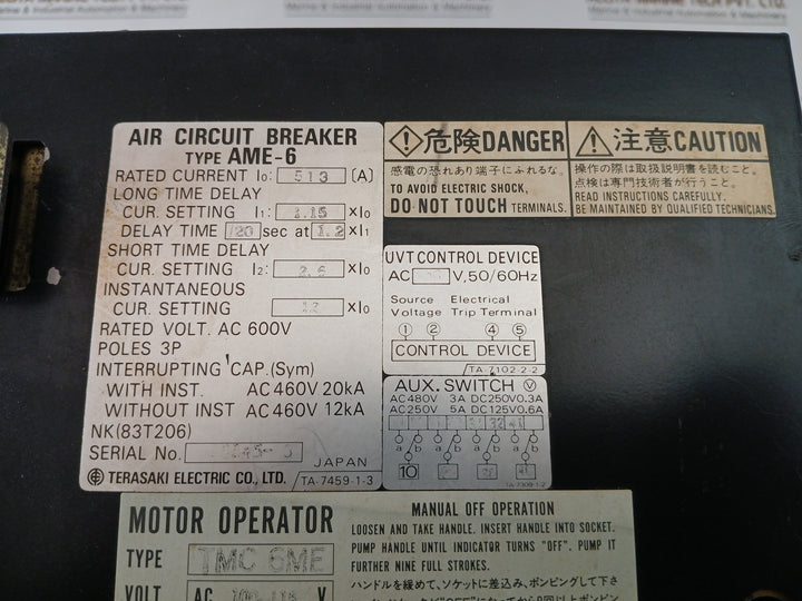 Ame-6 Terasaki Air Circuit Breaker 3 Pole Ac 450V, 50/60Hz