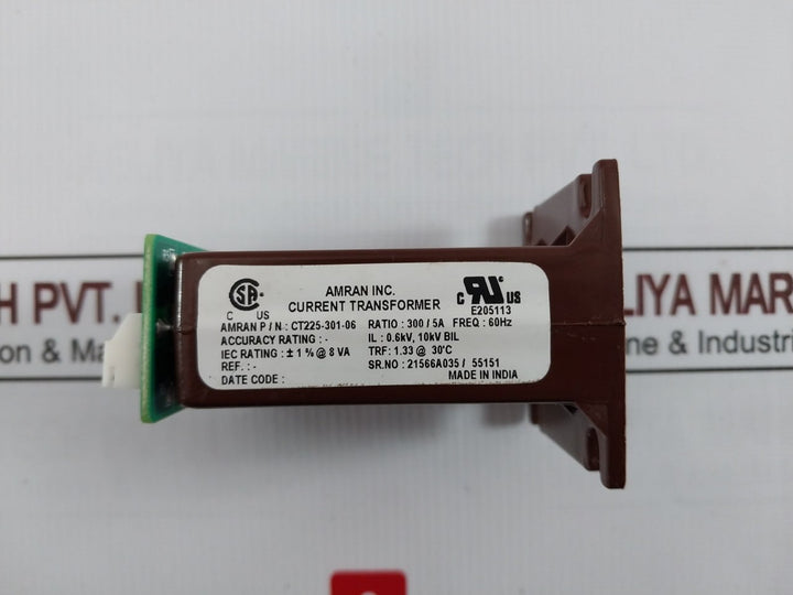 Amran Ct225-301-06 Current Transformer 300/5A 60Hz 0.6Kv, 10Kv Bil E205113 94V-0