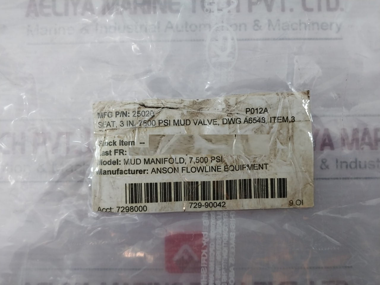 Anson 25020 Mud Valve Seat 7,500 Psi 7298000 729-90042 9 Oh, P012A