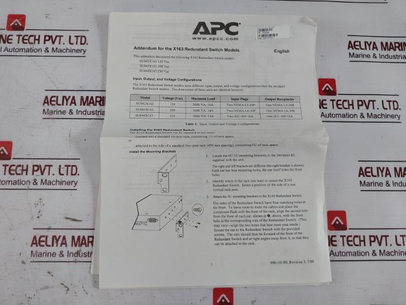 Apc Su042X163 Automatic Transfer Switch 120V 50-60Hz Ats 20A 100/120V 0M-7600A