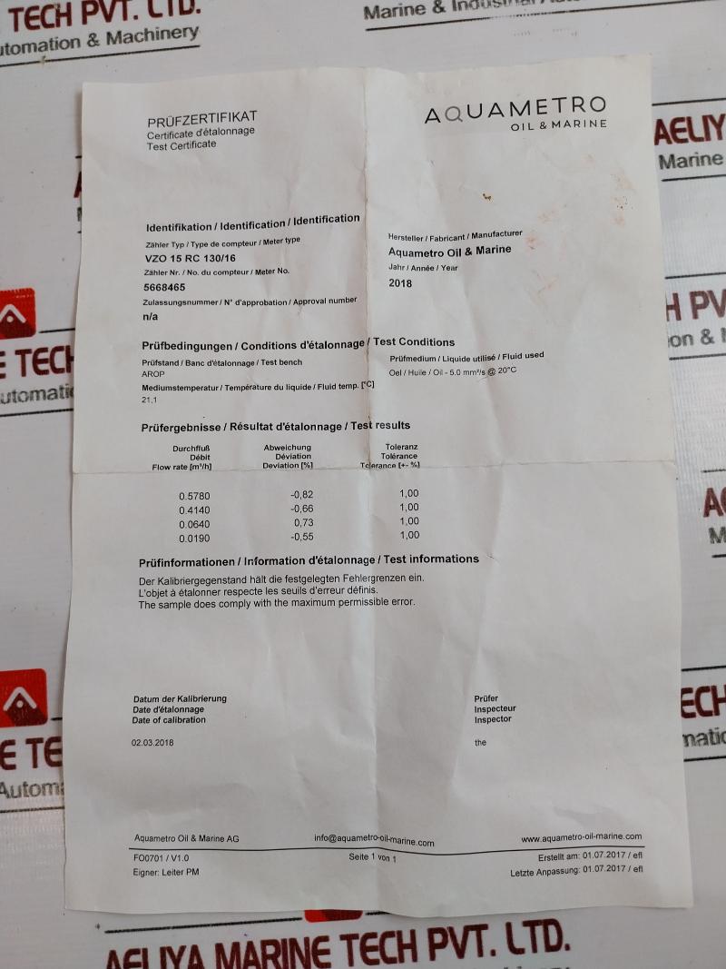 Aquametro Contoil Vzo 15 Rc 130/16 Oil Flow Meter 92041 16Bar 12Cm3