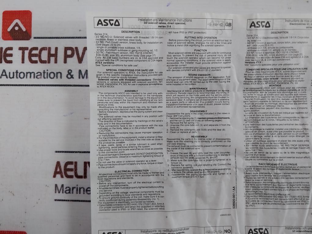 Asco E314K035S1N00FH 3/2 Solenoid Valve Direct Operated