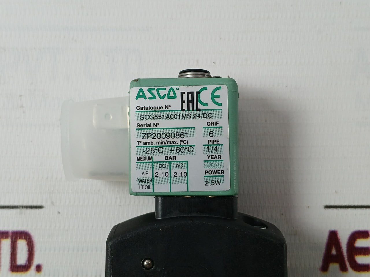 Asco Scg551A001Ms.24/Dc Solenoid Spool Valve 10Bar 2.5W Dc 6 Mm