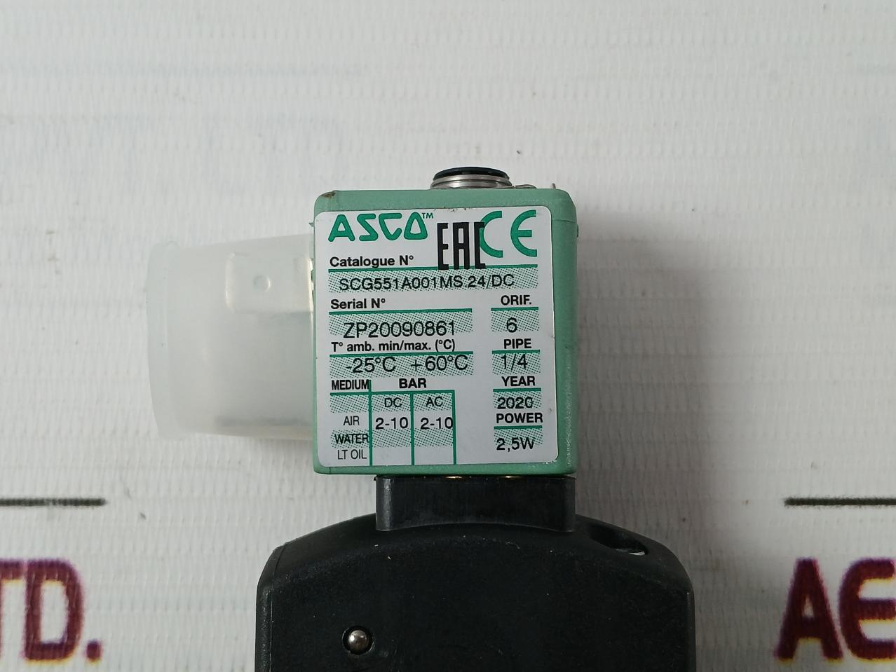 Asco Scg551A001Ms.24/Dc Solenoid Spool Valve 10Bar 2.5W Dc 6 Mm