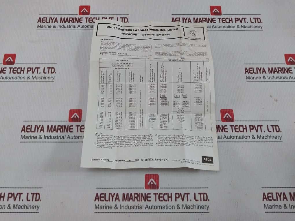 Asco Sa11Ak Pressure Switch 5A, Res 125 Or 250Vac