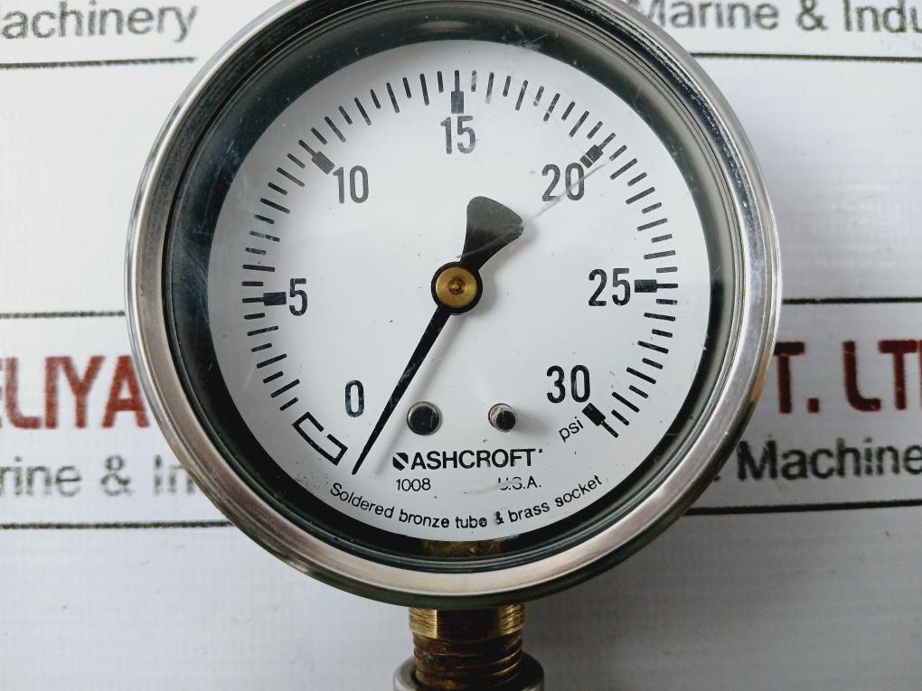 Ashcroft 1008 Pressure Gauge 0-30 Psi W/ Soldered Bronze Tube & Brass Socket