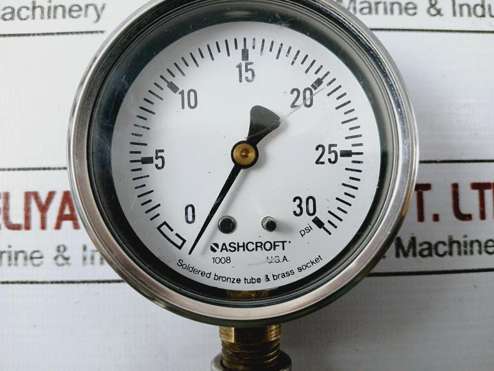 Ashcroft 1008 Pressure Gauge 0-30 Psi W/ Soldered Bronze Tube & Brass Socket