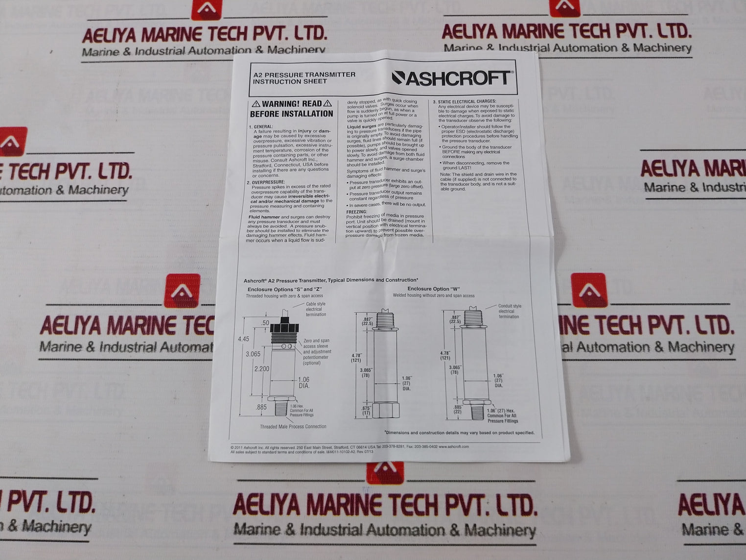 Ashcroft A2Yam0442C1100 A2 Pressure Transmitter 100Psi 12-36Vdc 4-20Ma -20°C/+85°C