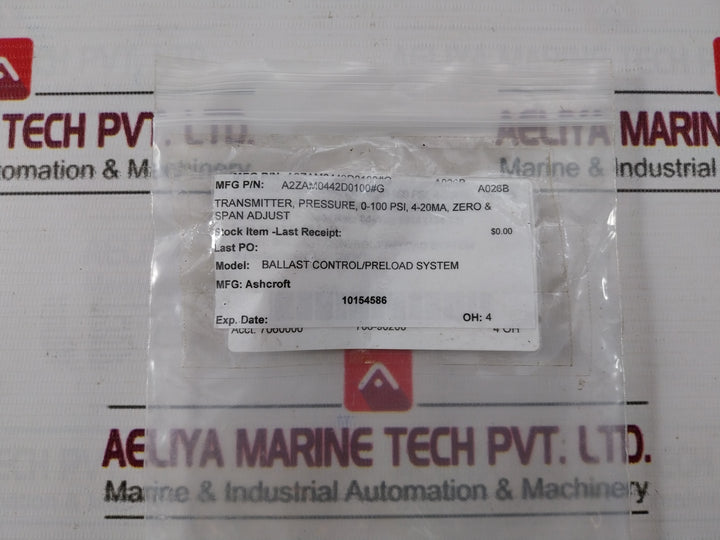 Ashcroft A2Yam0442C1100 A2 Pressure Transmitter 100Psi 12-36Vdc 4-20Ma -20°C/+85°C