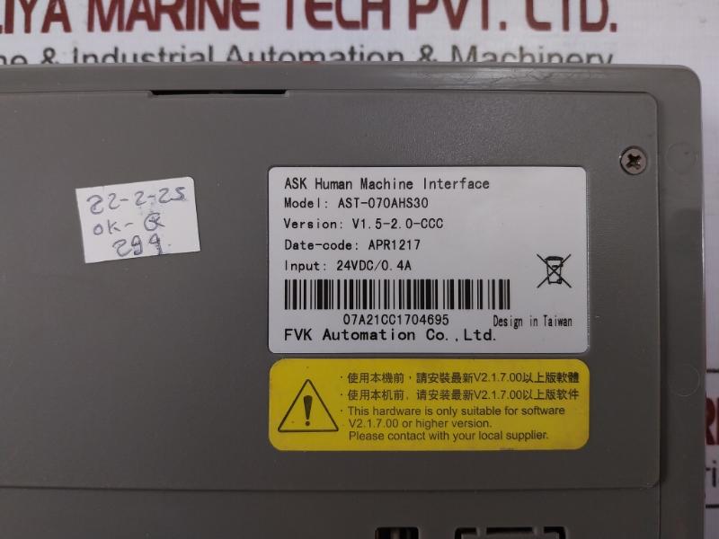 Ask Ast-070Ahs30 Hmi Panel V1.5-2.0-ccc 24Vdc/0.4A Dc12-14V