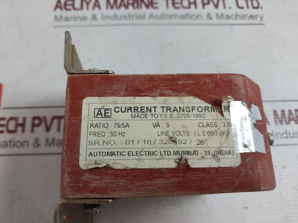 Automatic Electric 75/5A Current Transformer 50Hz I.L. 0.66/3.0Kv