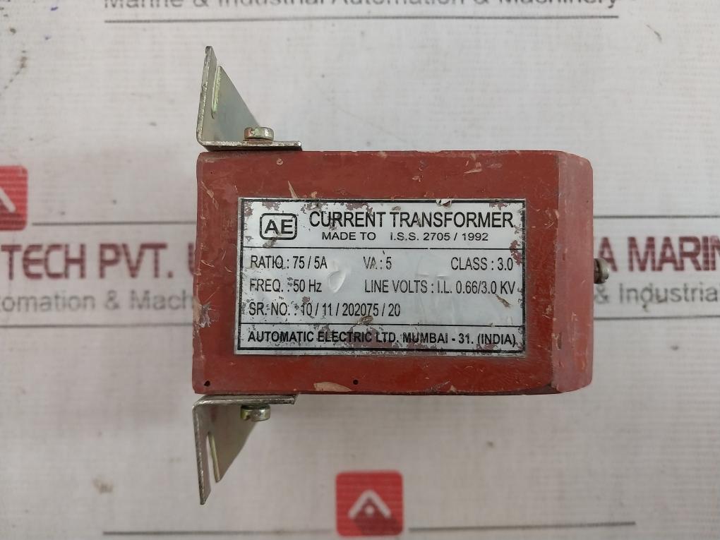 Automatic Electric I.S.S.2705/1992 Current Transformer 75/5A I.L.0.66/3.0Kv 50Hz