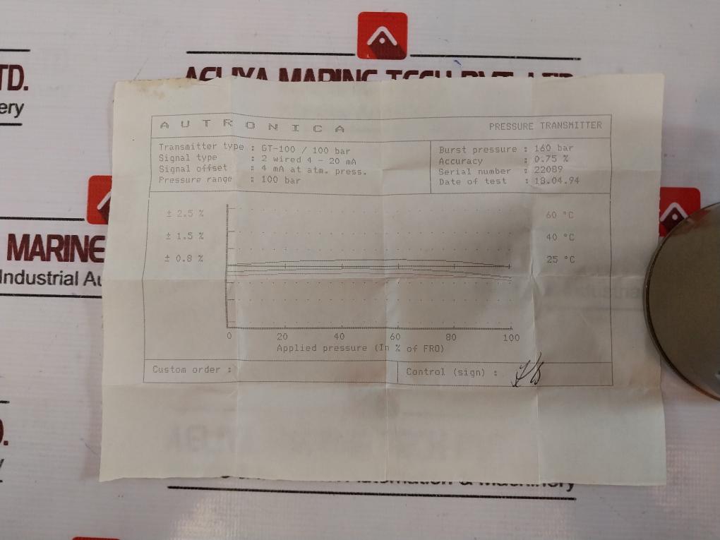 Autronica Gt-100/100 Bar Pressure Transmitter 4-20ma 0-100 Bar Aisi 316