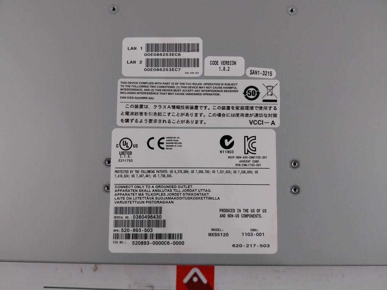 Avocent Mxs5120 Matrix Switch Adb0036 00E086253Ec7 100-240V 5A 50/60Hz