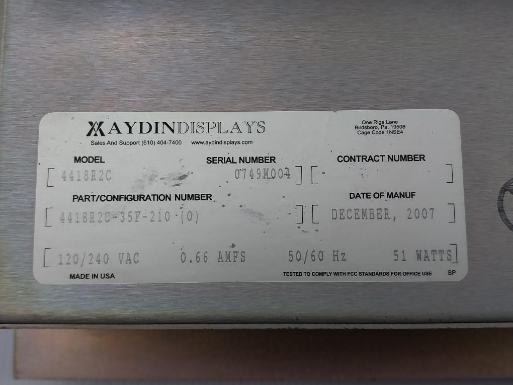 Aydin Displays 120/240Vac Lcd Monitor 4418R2C