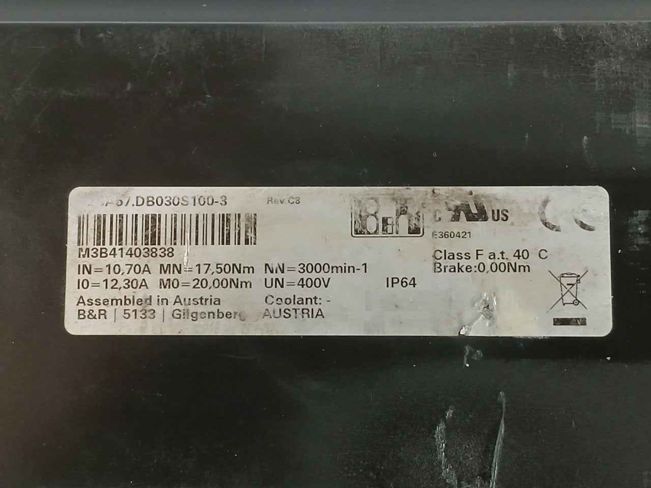 B&R 8Lsa57.Db030S100-3 Synchronous Motor M3B41403838 Ip64 0.00Nm Rev C8