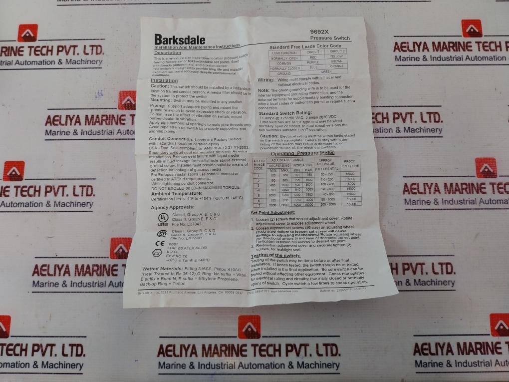BARKSDALE 9692X-1CC-2-02 PRESSURE SWITCH