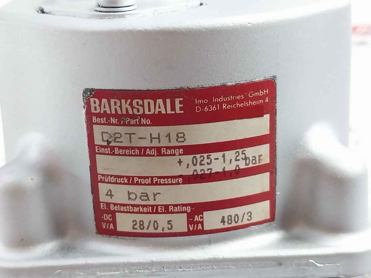 Barksdale D2T-h18 Pressure Switch 4 Bar Ac.480V/3A