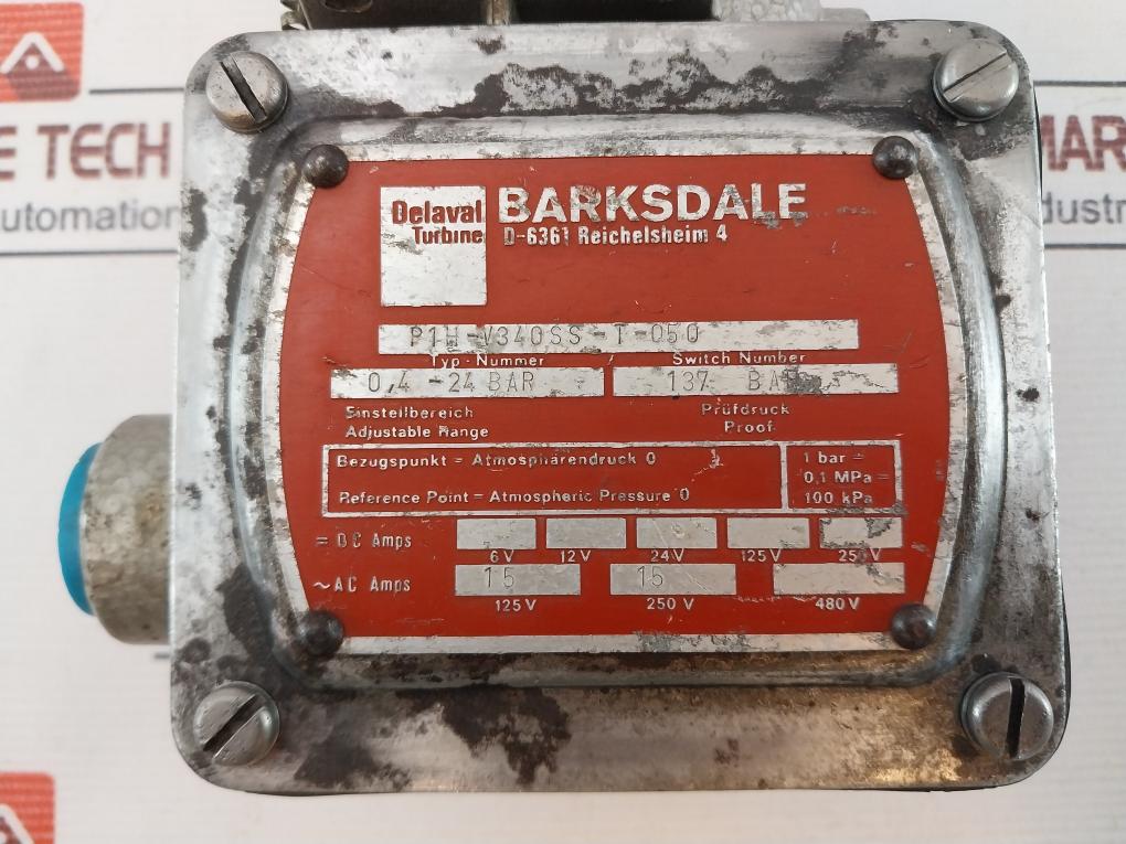 Barksdale P1H-v340Ss-t-050 Pressure Switch 0.4-24 Bar 250V