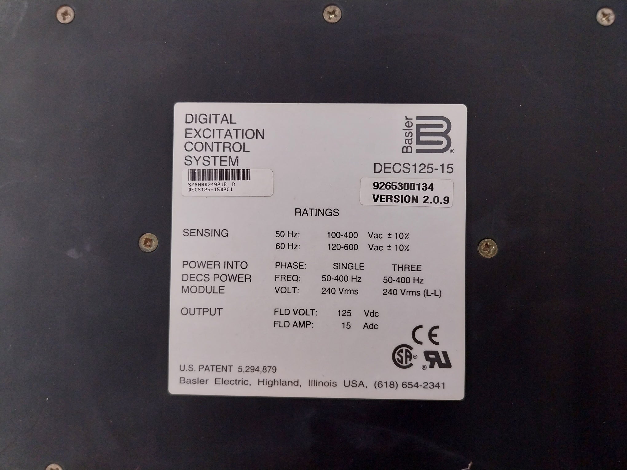 Basler Electric Decs125-15 Digital Excitation Control System,50-400 Hz