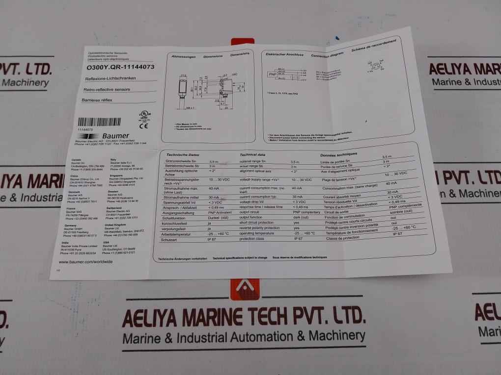Baumer O300y.qr-11144073 Photoelectric Sensor -25+60c 40ma 3.5m 10-30 Vdc
