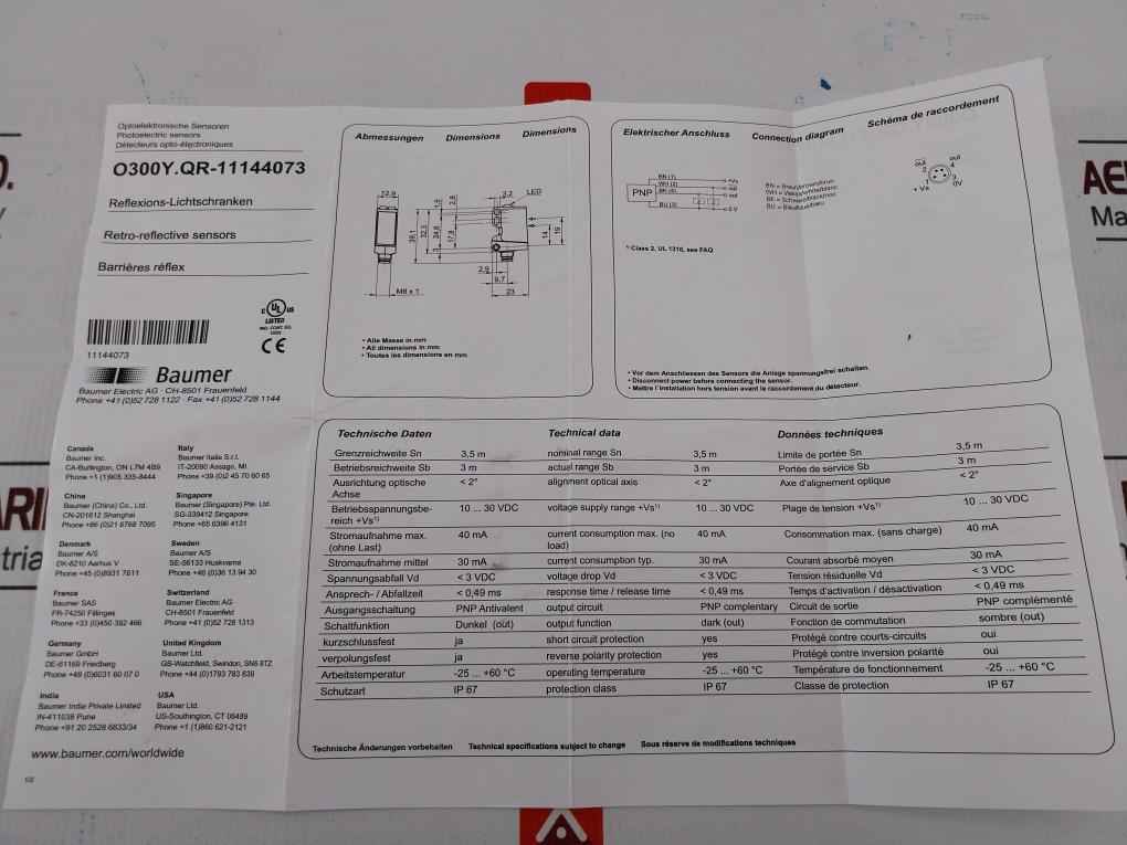 Baumer O300y.qr-11144073 Photoelectric Sensor -25+60c 40ma 3.5m 10-30 Vdc