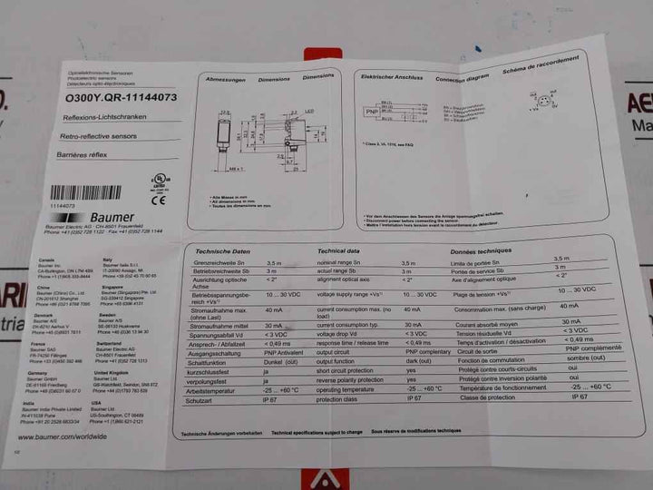 Baumer O300y.qr-11144073 Photoelectric Sensor -25+60c 40ma 3.5m 10-30 Vdc